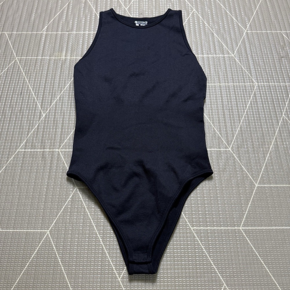 OQQ Ribbed Sleeveless Bodysuit M Black Tummy Control High Neck Compression